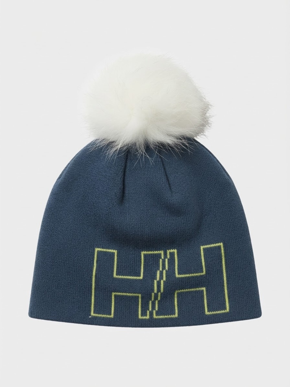 Helly Hansen Wool Blend Pom Beanie Winter Hat Blue with White Fur Pompom